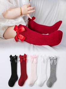 5 Pairs Girls Cute Bow Solid Over-The-Knee Socks, School Style Baby Long Socks, Suitable For 0-5 Years Old Girls Daily Wear, All Seasons, Gift