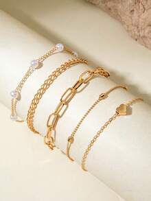 5pcs/Set Minimalist Metal Chain Pendant, Heart & Pearl Decor Layered Anklet Jewelry Set, Suitable For Daily Wear, Casual, Party, Gift - 28838-ank-g-3-eP - View 5