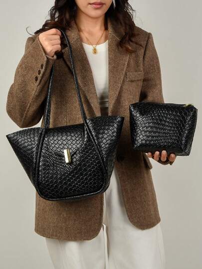 米色编织图案手提包套装 | 女士二合一大容量单肩包配小钱包