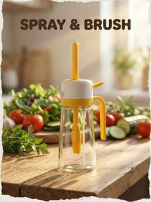 1个带刷子的泵式喷雾油瓶。按压式喷嘴可均匀喷洒食用油，适用于厨房烹饪、储存食用油以及户外露营。它具有细雾喷洒功能，可实现精准控油。硅胶刷头耐热。这是一款多功能烹饪油瓶，也是一款广受欢迎的厨房工具。