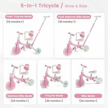 Kids TricyclesTriciclo 5 en 1 para niños pequeños de 1 a 3 bicicleta convertible con mango de empuje y pedales extraíbles bicicleta de equilibrio con ruedas de iluminación coloridas altura ajustable del - Rosa - Ver 3