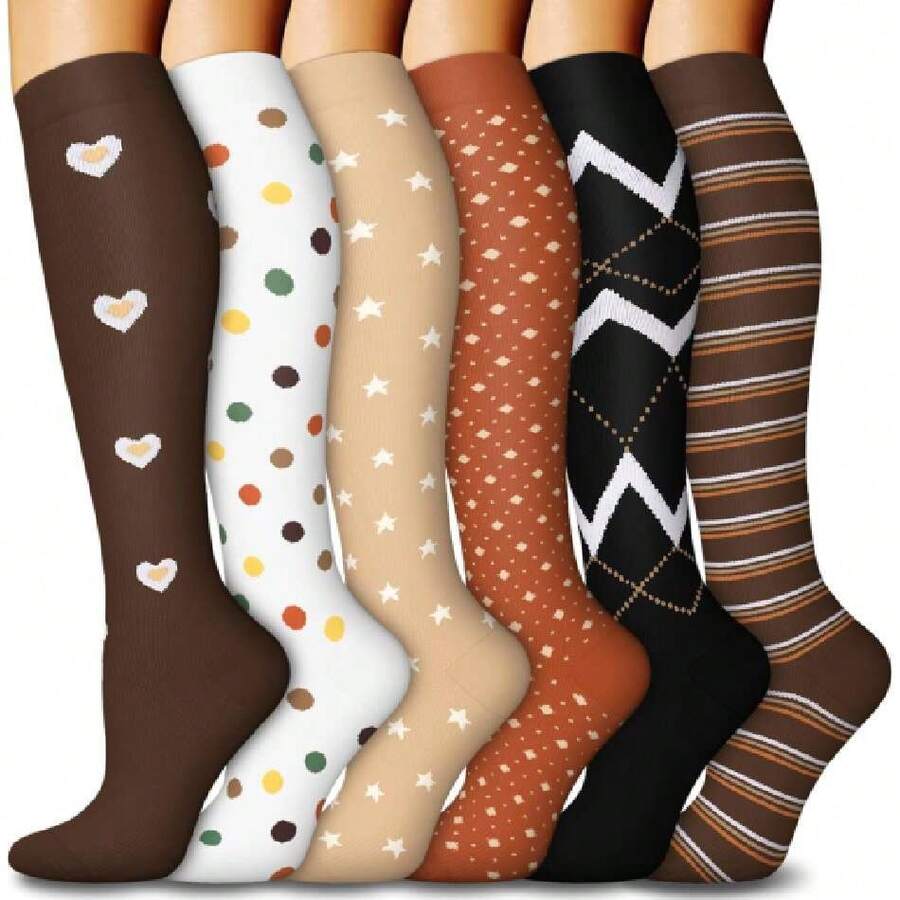 6 Pairs Compression Socks For Women & Men 15-20Hg Graduated Support Knee High Socks For Nurses, Travel, Athletic,36065406 - 棕色 - 查看 1