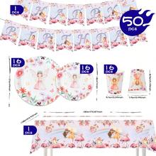 1 Set Floral Fairy Print Disposable Tableware Including Plates, Cups, Tablecloth And Banners, Suitable For 16 Guests, Ideal For Birthday, Wedding, Theme Party, Family Picnic - Multicolor - View 2