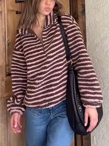 Women's Spring Autumn Fleece Sweatshirt Long Sleeve Half Zip High Neck Striped Pullover - Màu Khaki - Xem 1