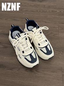 NZNF New Thick Sole Sneakers, Versatile Beige & Fashionable Blue Mesh Chunky Sneakers, All Season - Blue - View 1
