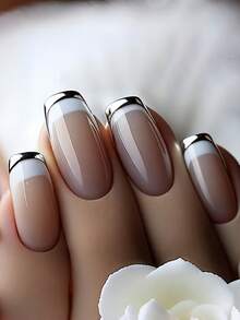 24pcs French Manicure Nails, Silver White Trim, Press-On Artificial Nails, Y2K Nail Art - Silver - View 7
