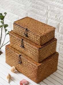 3/1pc Woven Basket With Lid, Rectangular Storage Box, Rattan Storage Basket, Toy Organizer Box, Suitable For Room, Hall, Kitchen, Bedroom Decor, Great For Christmas, Eid, Valentine's Day, Mother's Day, Gift Box - Brown - View 2
