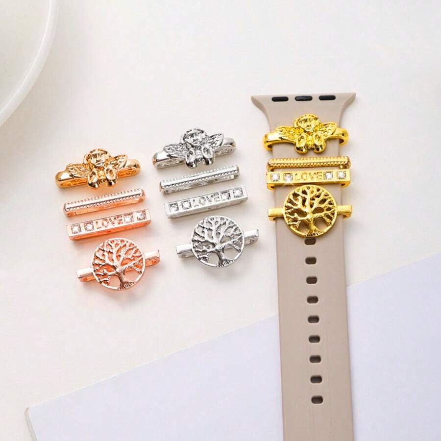 4pcs/Set Angel & Tree Of Life Watch Band Decorative Buckle - Zinc Alloy Material, Angel & Tree Of Life Design, Fashionable Watch Band Accessory Compatible With Apple Silicone Watch Band, Smart Watch Band Decoration (Watch Band Not Included) - one-size - View 1
