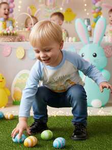 Kid Boy Easter T-Shirt Letter Excavator Rabbit Ear Print Long Sleeve Round Neck Tops - Blue - View 3