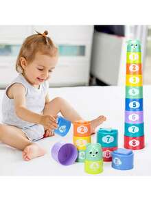 9pcs Baby Stacking Cups, Children's Sorting Scientific Educational Cognitive Enlightenment Learning Toys, Numeric & Alphabet Pattern Stacking Cups, Cartoon Bear, Attention & Recognition Training, Soft Building Blocks, 6 Months Baby Toys, Toddler Toys - Multicolor - View 8