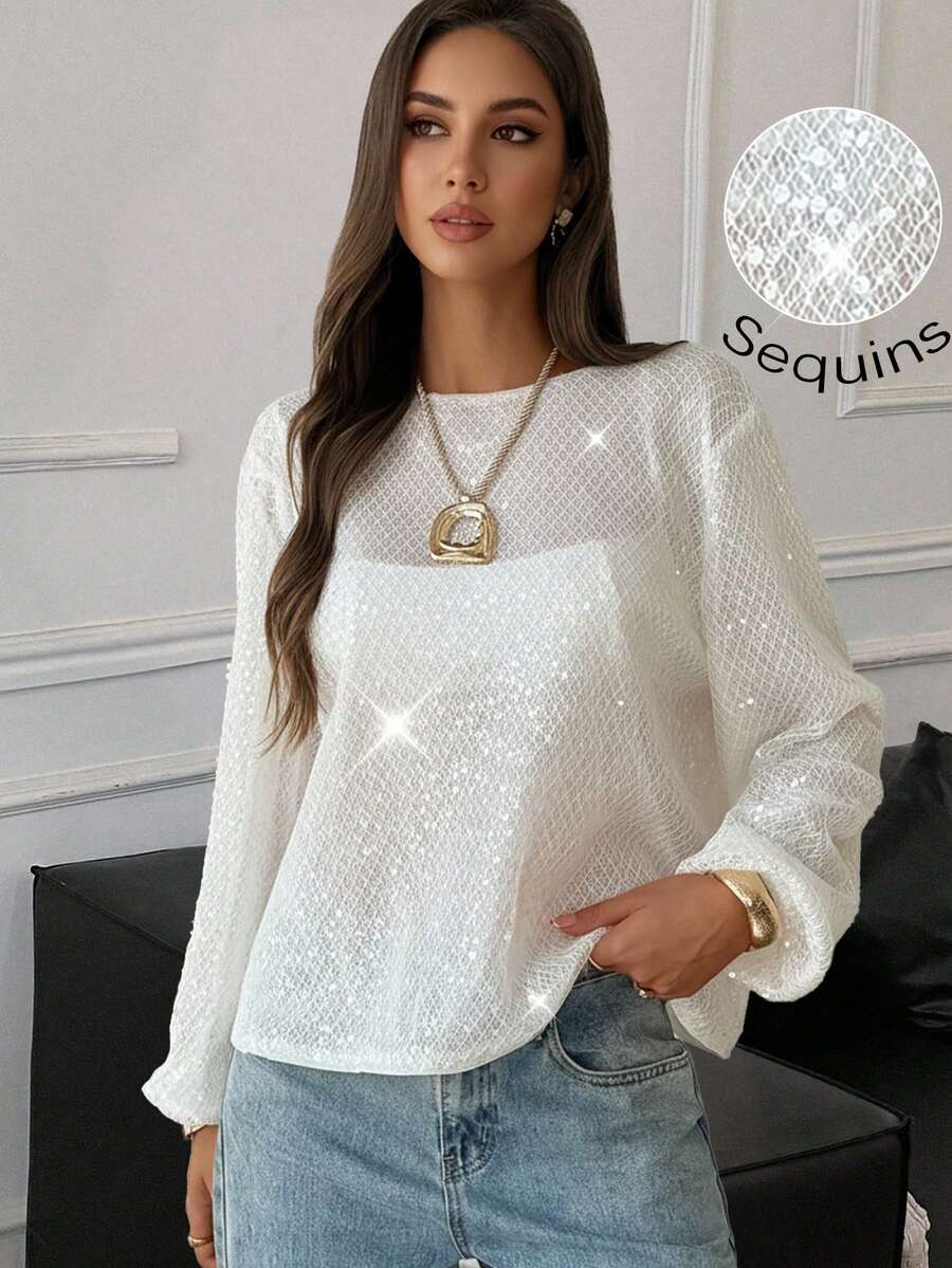New White Sequin Sheer Blouse, Elegant Round Neck Lantern Sleeve Design, Button Back Loose Flattering Soft Casual Long Sleeve Shirt For Women - White - View 1