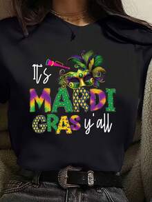 Its Mardi Gras Yall Mask And Horn Print Women Casual T Shirt Soft Comfortable Gift For Mardi Gras Celebration - Black - View 1