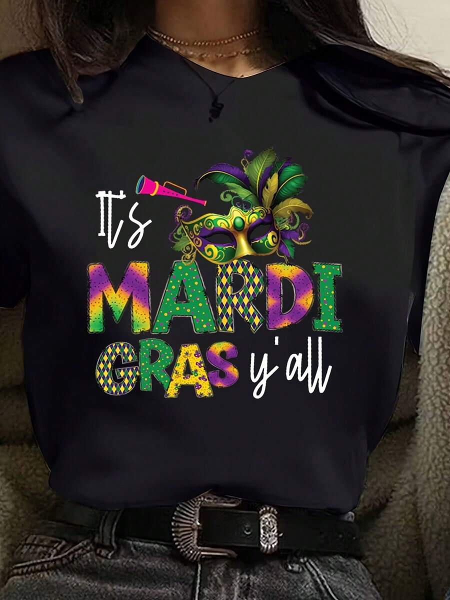 Its Mardi Gras Yall Mask And Horn Print Women Casual T Shirt Soft Comfortable Gift For Mardi Gras Celebration - Black - View 1