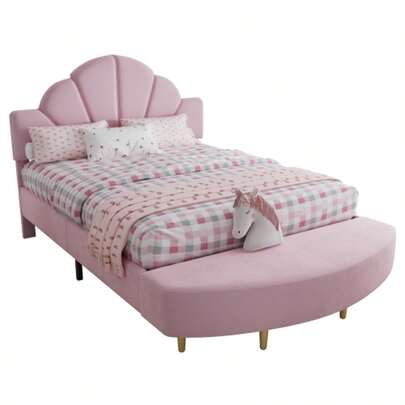 Upholstered Bed, Single Bed, Velvet Headboard, With Matching Bed Bench, Soft Anti-Collision Sponge Edge, Sturdy Bed Frame, Velvet + Plywood, Pink, 90x200cm