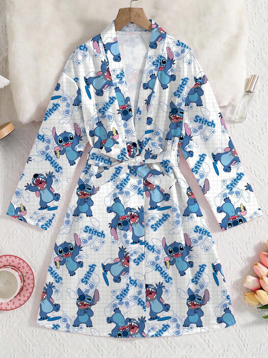 Disney Tween Girls Stitch Series Cartoon Plaid Print Comfortable Cotton Flannel Long Sleeve Robe For Tween Girls Silk-Like Soft & Breathable Fabric, Suitable For All Seasons Loungewear
