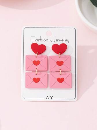 1 par de pendientes de moda con diseño esmaltado de corazón y carta de amor, románticos para el Día de San Valentín, adecuados para citas y días festivos