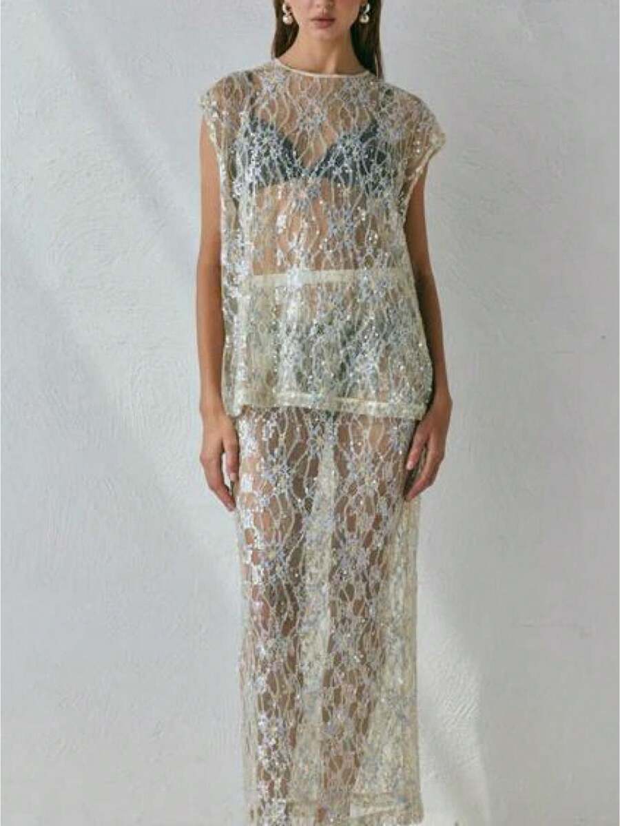 Women's 2 Piece Skirt Outfits Cap Sleeve Sheer Sequins Flower Tops Long Skirt Set - trắng - Xem 1