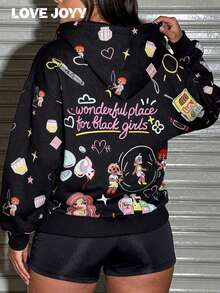 LOVE JOYY Women's Black Hooded Drawstring Sweatshirt, Casual And Stylish, Retro Street Style, Fun Cartoon Art Pattern, Suitable For Everyday Commuting Or Parties. - Black - View 2