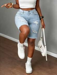 Women's Fashionable Ripped Denim Shorts, Stretchy, Sexy, Tight And Figure-Flattering, With Slit Pockets And Fur Edges - Rửa nhẹ - Xem 5