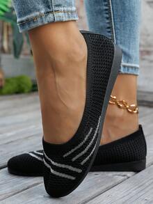 圆头女士平底鞋，针织拖鞋，夏季休闲透气芭蕾舞鞋，低帮女士乐福鞋，舒适百搭的妈妈鞋，波西米亚风，颜色有黑色、白色、橄榄绿、米色、天蓝色、浅蓝色、卡其色、浅棕色、海军蓝、黄色，适合春秋季节，大码，轻便网面休闲步行鞋，纯色套脚鞋 - 黑色 - 查看 4