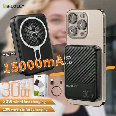 30W PD Fast Charging Magnetic Power Bank With MagSafe Wireless Charger, 15000mAh Magnetic Wireless Charging + Wired Dual Ports, Ultrathin GaN Technology Design - Universal Compatible With Iphone/Android, Ideal For Daily Commutes, Travel, On-The-Go Use & Valentine's Day Gift