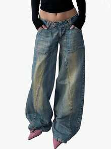 STLY 女士低腰、无弹力、双扣复古经典牛仔裤，百搭风格，适合街头、夜店、通勤等各种场合，甜美又酷炫，四季皆宜的蓝色水洗波西米亚风休闲牛仔裤 - 中藍色 - 查看 3