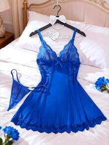2pcs Women Sexy Solid Color Lace Mesh Patchwork Sleepwear Set, V-Neck Backless Camisole Nightgown And Thong, Comfortable Pajamas - Royal Blue - View 3