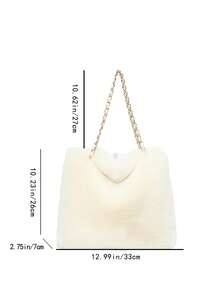 1pc Knitted Chain Fuzzy Tote Bag, Fashion One Shoulder Bag, Large Capacity, Magnetic Closure, Suitable For Women's Daily Use, Autumn/Winter New - Beige - View 3