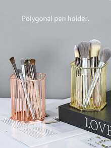 1pc V-Shaped Golden Pen Holder/Desk Organizer Box, Multifunctional, Diverse Styles. Golden Nordic Style Cosmetic Storage Box. - Multicolor - View 9