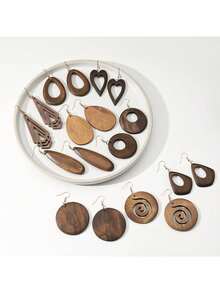 9 Pairs/Set Casual Unique Personalized Wooden Earrings Women's Earring Set Hollow Water Drop Heart Rhombus Round Hollow Geometric Design Solid Wood Earrings Women's Fashion Jewelry - Coffee Brown - View 6