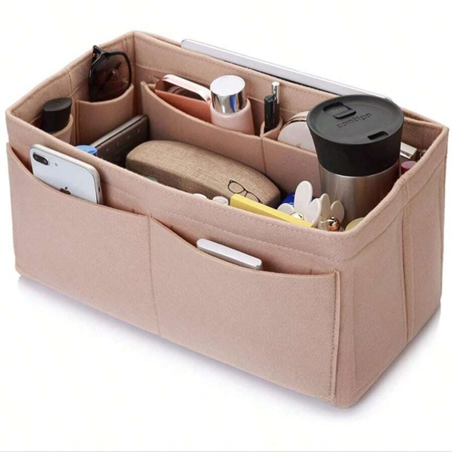 14口袋黑色毛毡内衬收纳袋，适用于手提包、钱包、旅行配件 - 米色 - 查看 1