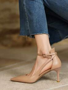 秋冬小众设计！超级舒适！法式杏色细带尖头高跟凉鞋，优雅迷人，细高跟。 - 杏色 - 查看 2