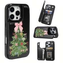 Funda plegable  negra y rosa para iPhone 12, 13, 14, 15, 16, PRO, PROMAX, MINI, PLUS.Incluye ranuras para tarjetas de crédito y llaves, funda para teléfono móvil con billetera. - Negro - Ver 1