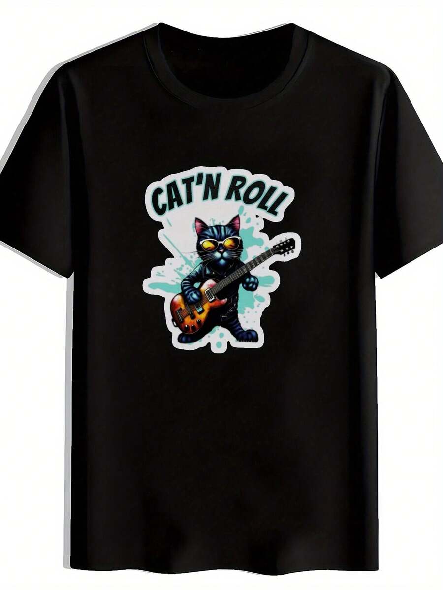 Camiseta gráfica retro de banda de rock para hombres - ;'n Roll; Diseño de guitarrista. Cuello redondo de manga corta. Poliéster ligero. Ropa Casual de Verano para Vacaciones en la Playa; Fanáticos de laúsica - Negro - Ver 1