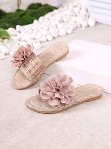 1 Pair Children's Summer Grass Woven Floral Slide Sandals, Flat Strap Beach Casual Vacation Slippers - Dusty Pink - View 16