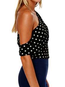 Womens One Shoulder Tank Tops  Sleeveless Dots Print Ruffle Tops Slim Fit Shirts - Black - View 3