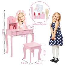 Juego de Maquillaje Infantil de Madera para Niñas, Mesa y Silla con Espejo Iluminado al Tacto, Juego de Cambiador con Taburete para Juego de Rol - Rosa - Ver 2
