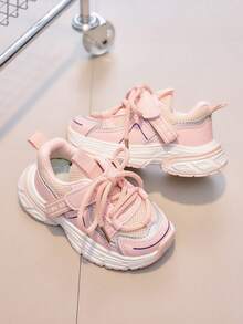 1 Pair Baby Sneakers, Light Pink & White Color Block, Retro Dad Shoe Silhouette With Sweet Vibe, Suitable For Daily Wear And Outings, Breathable Mesh & Leather Upper, Thick Cushioned Sole With Anti-Slip Tread For Stable Support And Comfort - Pink - View 3