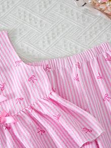 女童两件套服装：无袖连衣裙上衣、纽扣开衫、蝴蝶结印花条纹阔腿裤，可爱优雅的夏季女童服装 - 粉色 - 查看 8