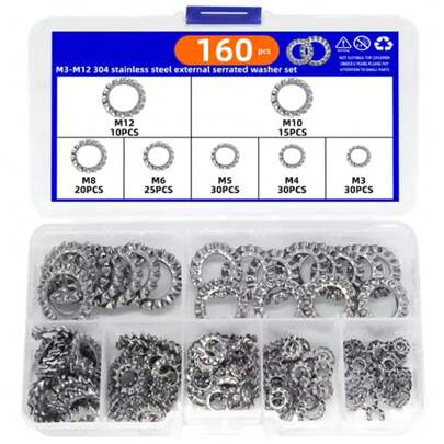 Juego de arandelas dentadas externas de acero inoxidable, 160 Uds., M3, M4, M5, M6, M8, M10, M12, arandela de bloqueo dentada externa a prueba de sacudidas EO9G