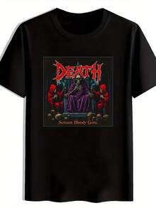 Men's Vintage Gothic Metal Band Graphic Shirt - Print With Death Screams And Blood Drops. Black Round-Neck Short-Sleeve Shirt. Breathable Polyester. Machine Washable. Summer Leisure Shirt For Concerts. Festivals; Gifts. Clothing For Music Fans. Durable Print Quality - 黑色 - 查看 1