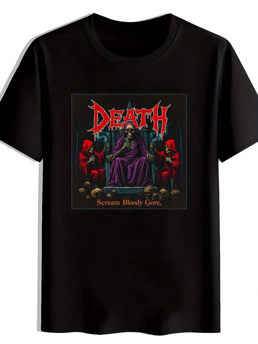 Men's Vintage Gothic Metal Band Graphic Shirt - Print With Death Screams And Blood Drops. Black Round-Neck Short-Sleeve Shirt. Breathable Polyester. Machine Washable. Summer Leisure Shirt For Concerts. Festivals; Gifts. Clothing For Music Fans. Durable Print Quality - 黑色 - 查看 1