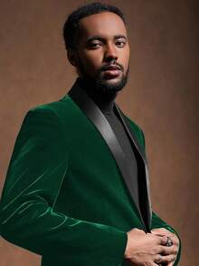 2026 Men's Casual Blazer & Pant Set  Men's 2 Piece Velvet Suit Peak Lapel One Button Slim Fit Tuxedo Blazer Party Dinner Jacket & Pants Relaxed Stretch Fit For Smart Casual Events - 綠色披肩翻領 - 查看 4