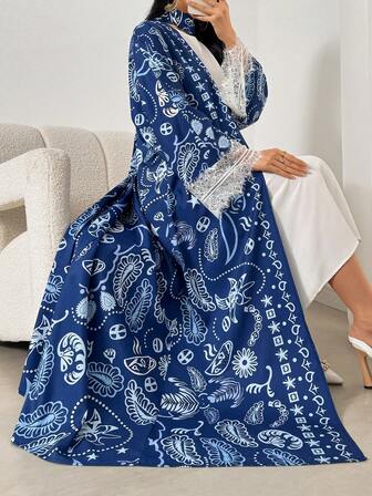 Bata árabe holgada con estampado de paisley y encaje de contraste para mujer, cárdigan con estampado floral azul, conjunto de verano para mujer, atuendo de Año Nuevo, atuendo de playa, atuendos de vacaciones de verano
