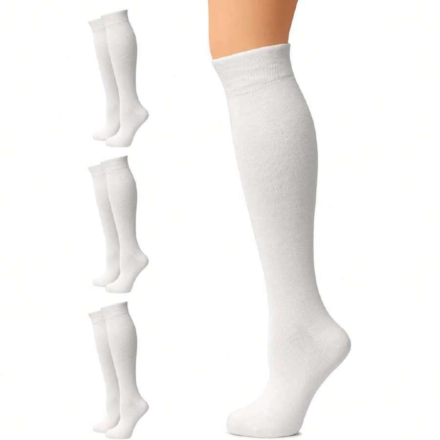Women's Cotton Knee High Socks, Long Tube Dress Socks | Soft, Lightweight & Stretchy | Shoe Size: 5-8/8-11, 3 Pairs,36065489 - 白色 - 查看 1