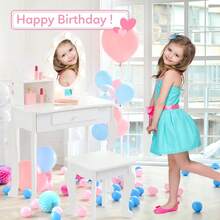 Juego de Maquillaje Infantil de Madera para Niñas, Mesa y Silla con Espejo Iluminado al Tacto, Juego de Cambiador con Taburete para Juego de Rol - Blanco - Ver 6