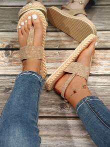 Sandali da donna con fiocchi, infradito da donna con suola piatta, sandali gladiatore con dito aperto, scarpe da vestire - Cachi - Visualizzare 4