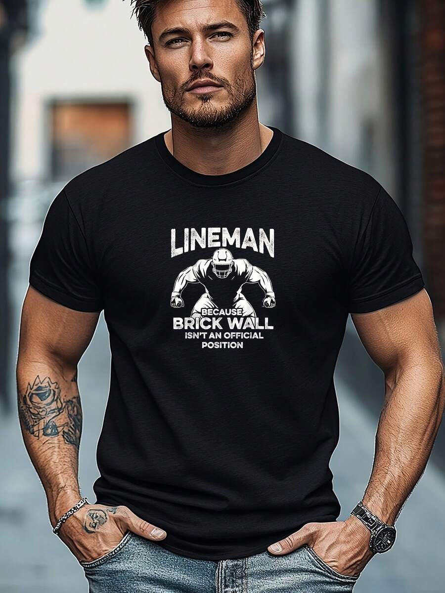 Camiseta de Manga Corta Casual de Verano con Patrón de Jugador de Rugby para Hombre - Negro - Ver 1