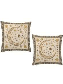 1/2/4pcs Bohemian Beige Ramadan Pillow Covers,Golden Crescent & Star Pattern,For Sofa Or Bed, Zipper Closure, No Insert Included, Perfect For Ramadan Festival Decor, Festive Pillow Covers | Bohemian Style Decor, Islamic Home Decor - Apricot - View 9