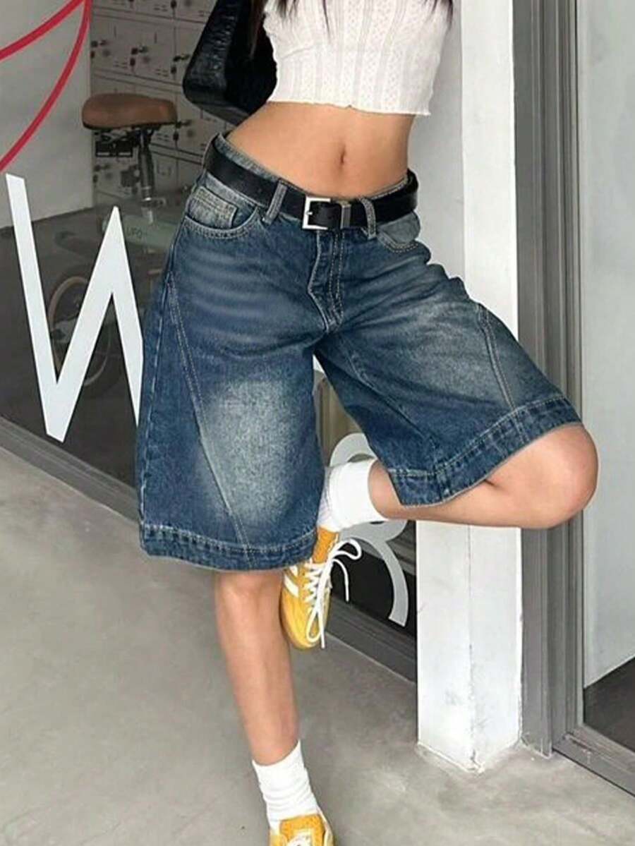 Shorts vaqueros de verano para mujer, lavado con efecto de bigotes de gato, pierna recta holgada, con bolsillos laterales, bermudas de longitud hasta la rodilla, casuales - Azul retro - Ver 1